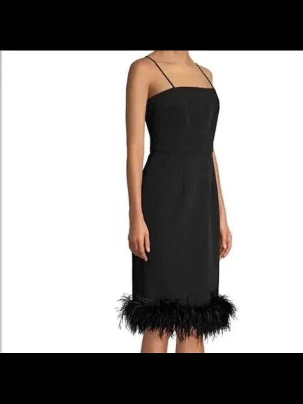 NWOT Milly Black Spaghetti-Strap Midi Dress with Ostrich Feather Hem Sz L